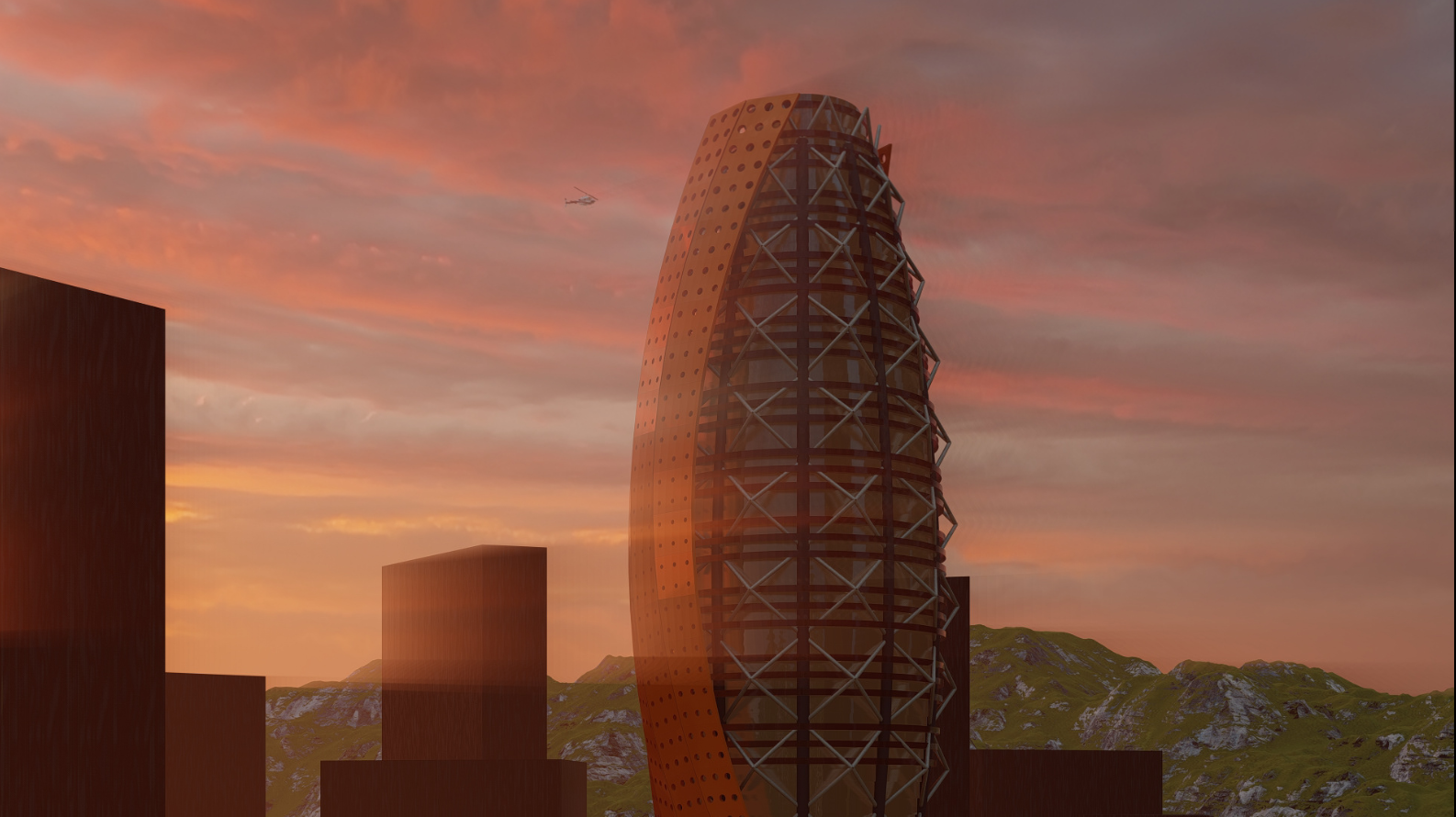 Parametric skyscraper Tower Shell Design against a sunset