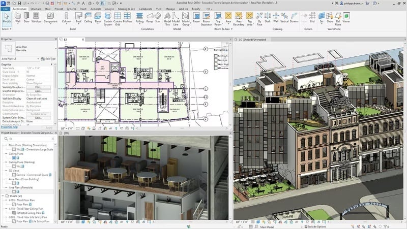 Revit interface displaying a 3D rendering of a multi-story urban building.