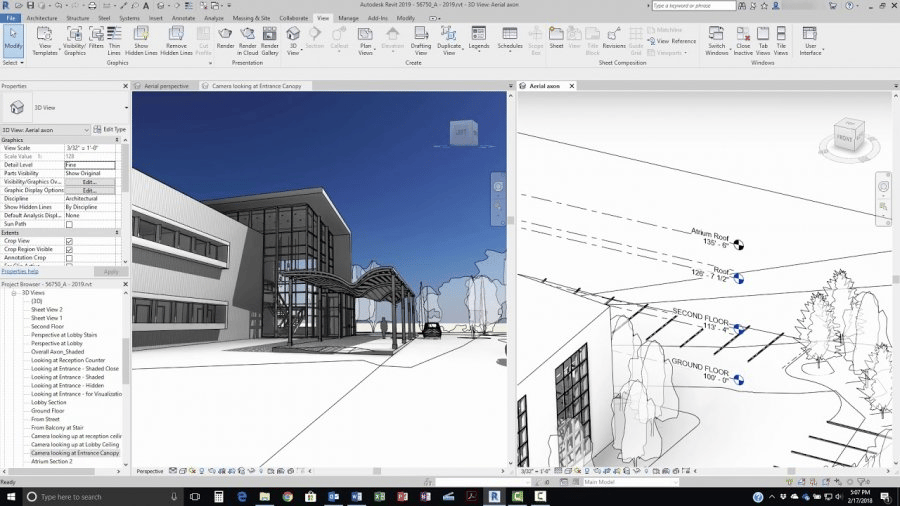 Revit interface showing a 3D model of a modern building.