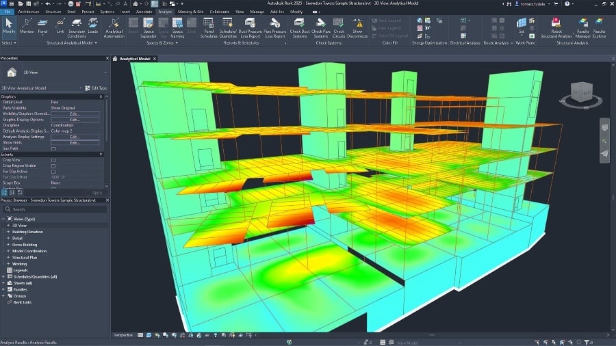 Revit interface showing building structural analysis model.