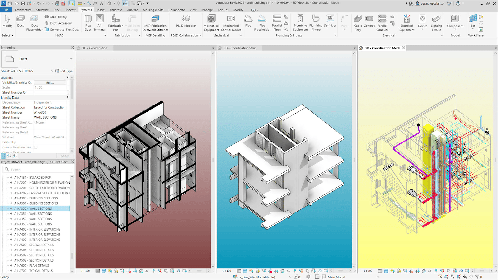 Revit model showing architectural, structural, and MEP coordination views.