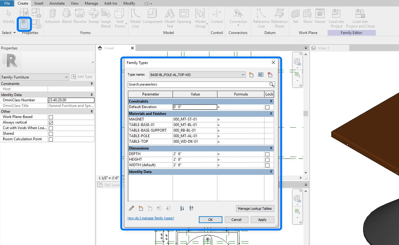 Revit interface showing where to find parameters for family types