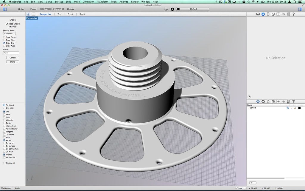 Rhino interface showing precise mechanical component model.