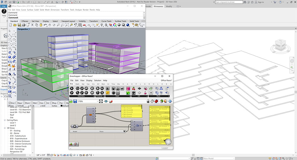Grasshopper and Rhino 3D interfaces at work in Revit interface