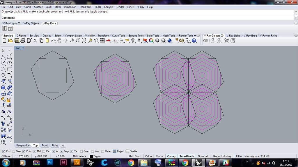 Rhinoceros 3D modeling software interface, showing a progression of a hexagonal generative design pattern.