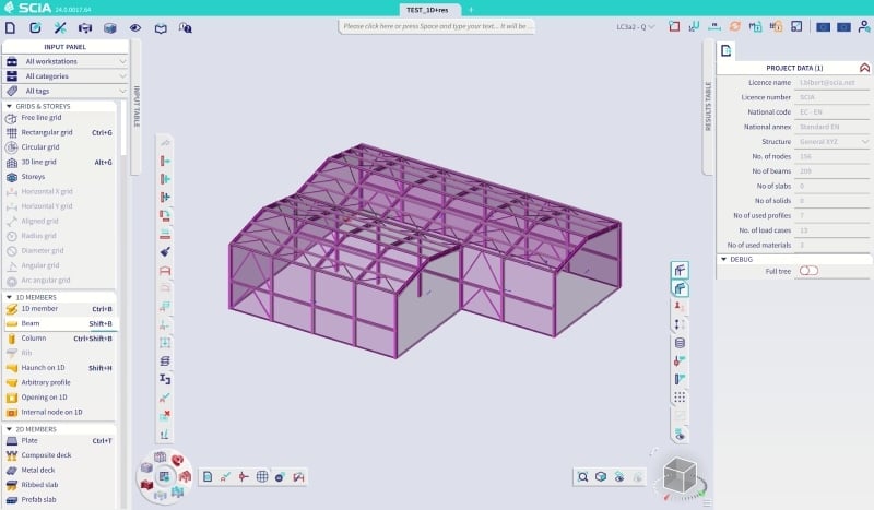 SCIA Engineer interface showing a 3D structural model.