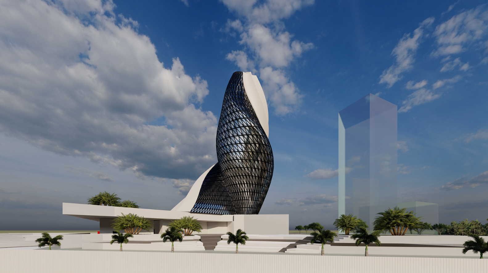 Twisted Tower Facade, against a blue sky