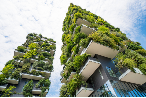 Sustainable green buildings with lush plants 