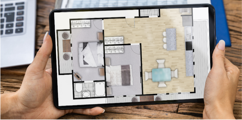 A layout of a bedroom created using interior design software