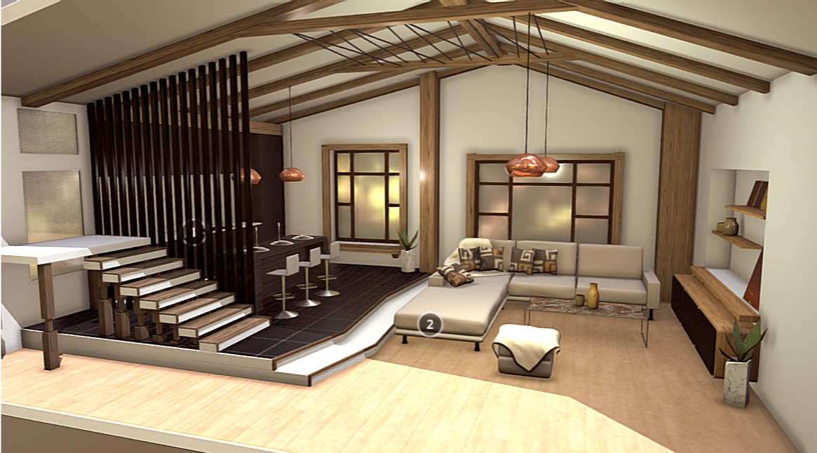 A 3D model showcasing a modern interior design of a living space