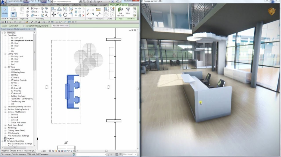 Enscape-rendered image on a computer screen, illustrating a room with a desk and a computer setup