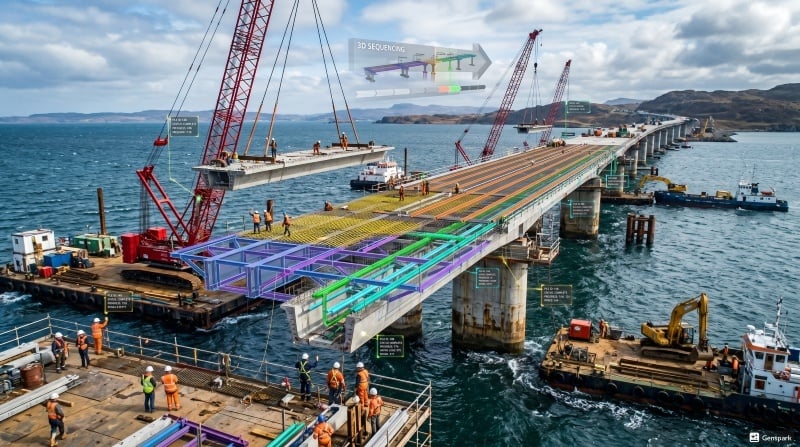 Sea bridge construction site with cranes and BIM coordination overlay.