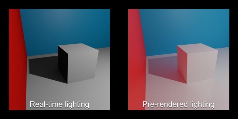 Side-by-side 3D renderings in Twinmotion with real-time and pre-rendered lighting.
