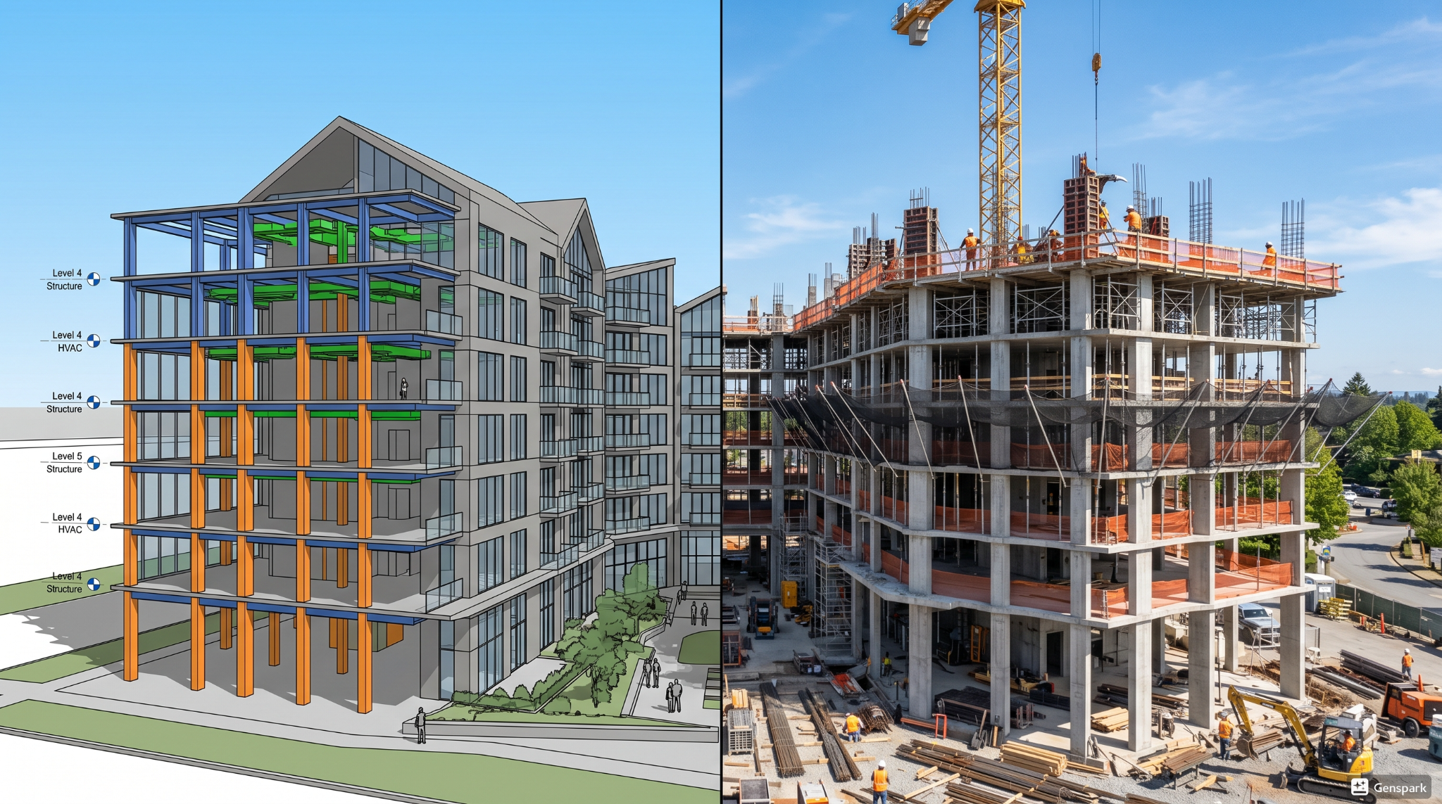 Split view comparing a digital 3D building model with its real-world construction site.