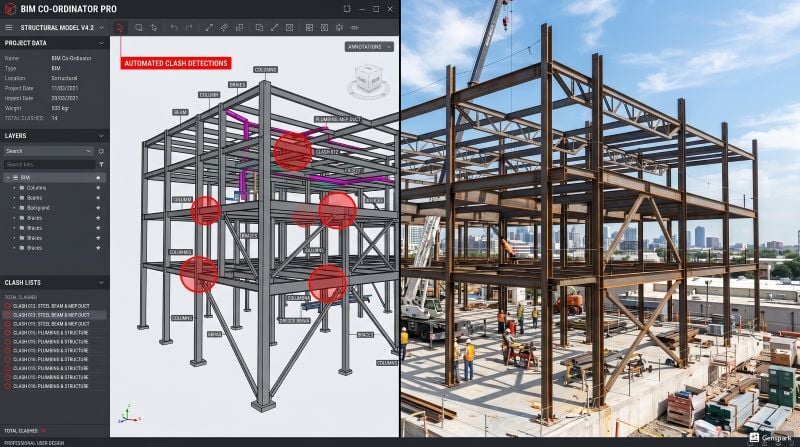 Split view comparing a digital 3D clash-detection model with its real-world construction site.
