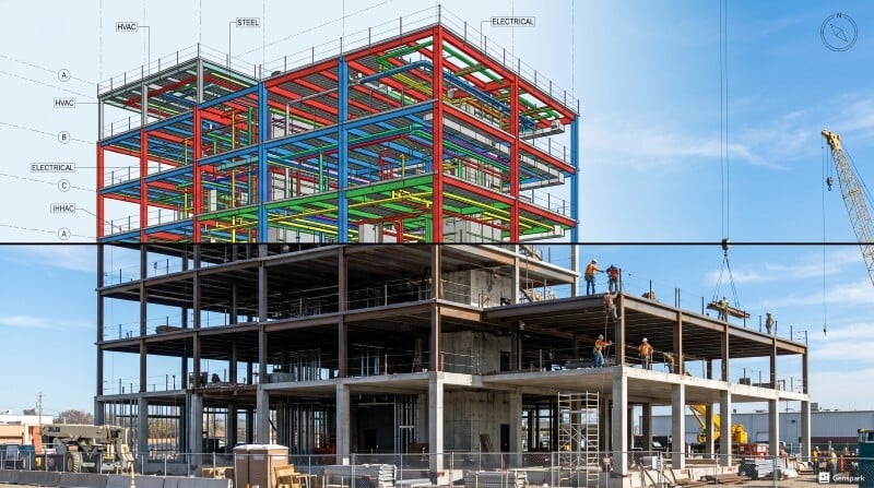 Split view comparing a digital 3D structural model with its physical real-world construction site.
