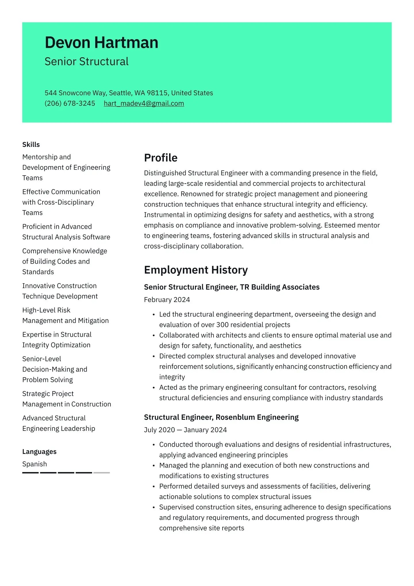 Structural Engineer Sample Resume