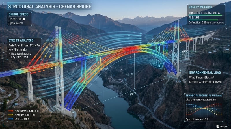 Structural analysis model of Chenab Bridge showing stress and load patterns.