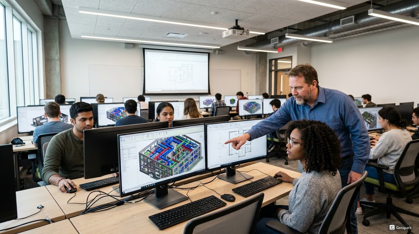 Students learning BIM MEP software in classroom with instructor guidance.