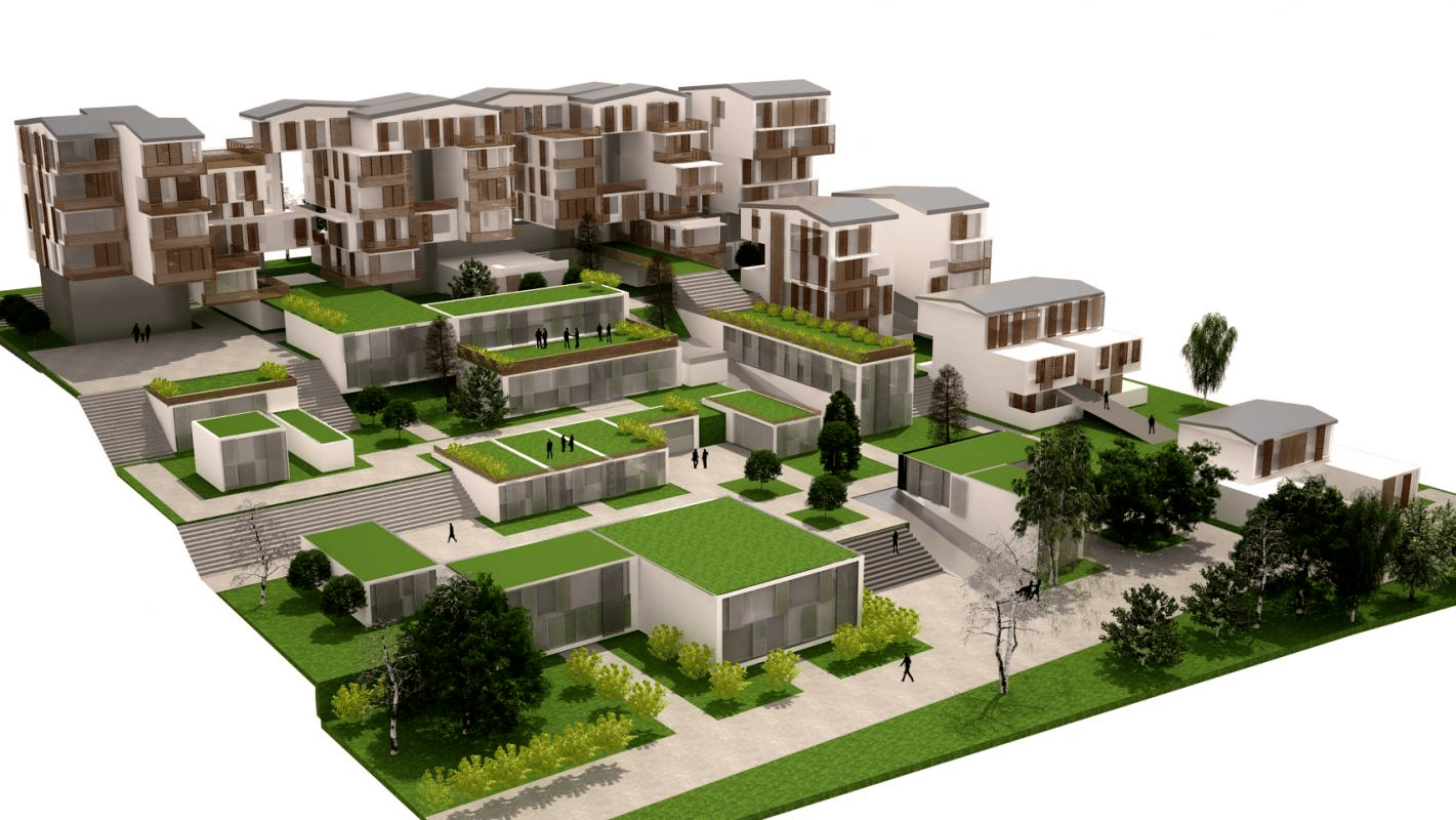 Sustainable building design visualized in a 3D architectural model