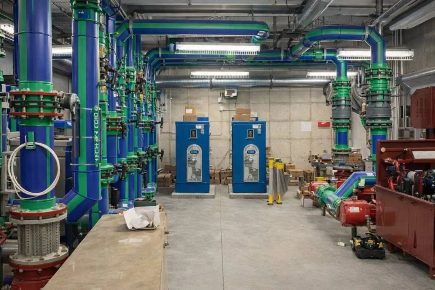 Sustainable plumbing pipes installed in mechanical rooms.
