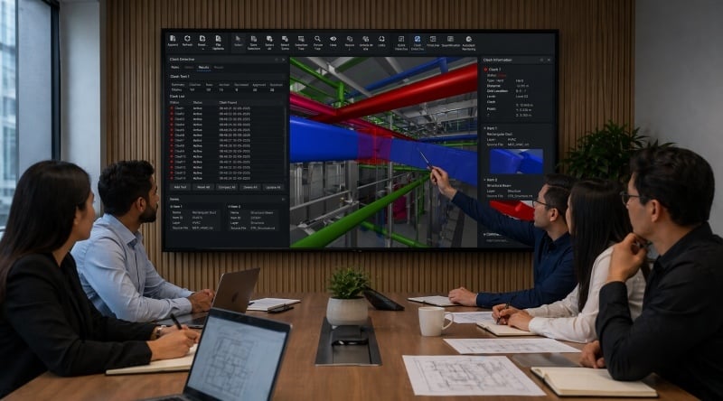 Team reviewing BIM clash detection model on large screen.