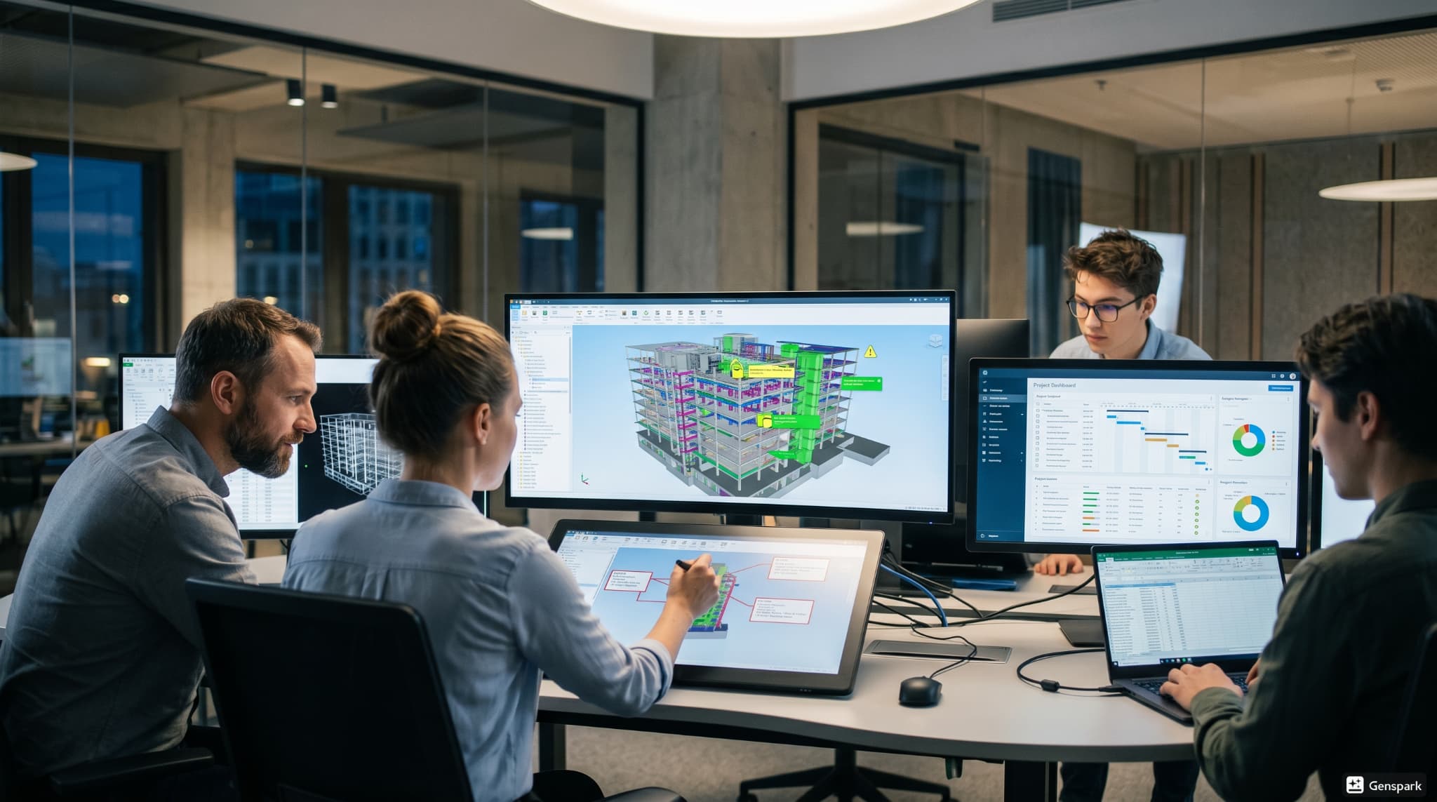 Teams using cloud-based software for real-time construction coordination.