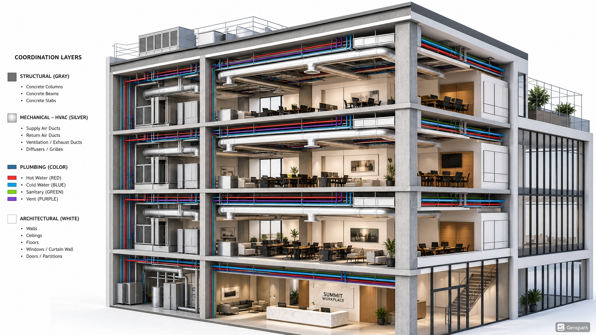 Technical 3D cross-section showing coordinated structural columns, mechanical ducts, and architectural walls.