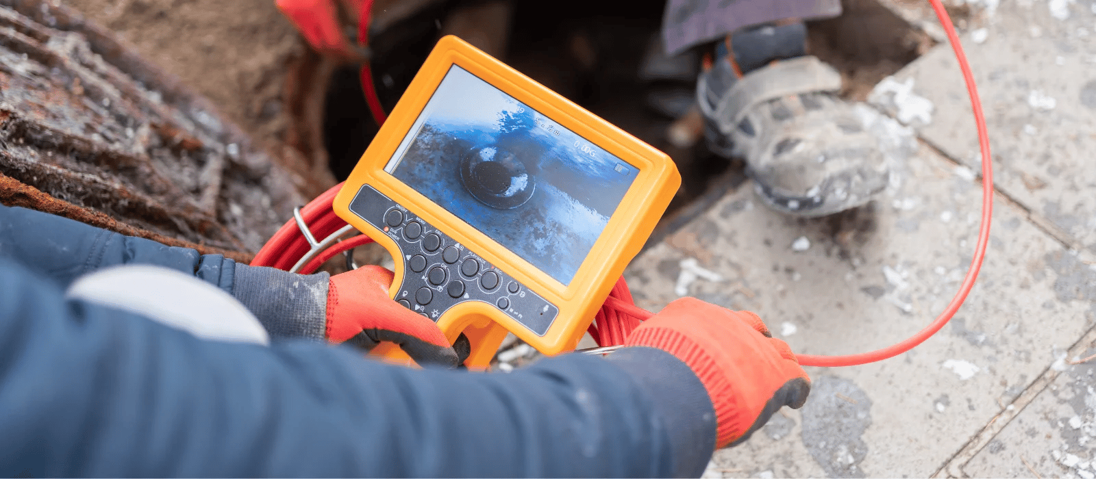 Technician inspecting underground pipe using video inspection camera.