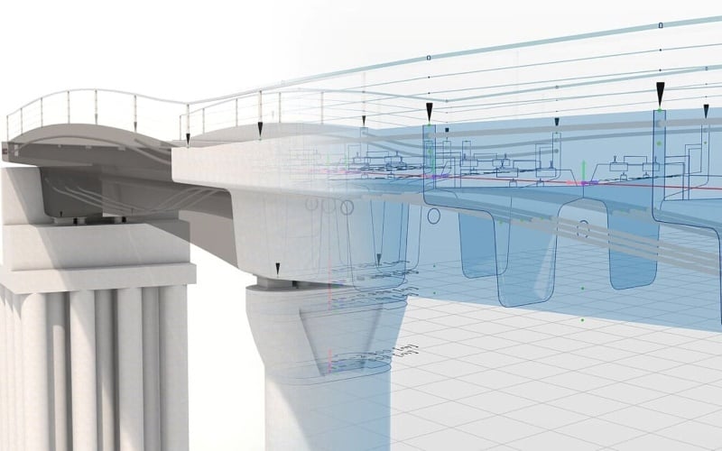Tekla BIM model showing bridge structural coordination.