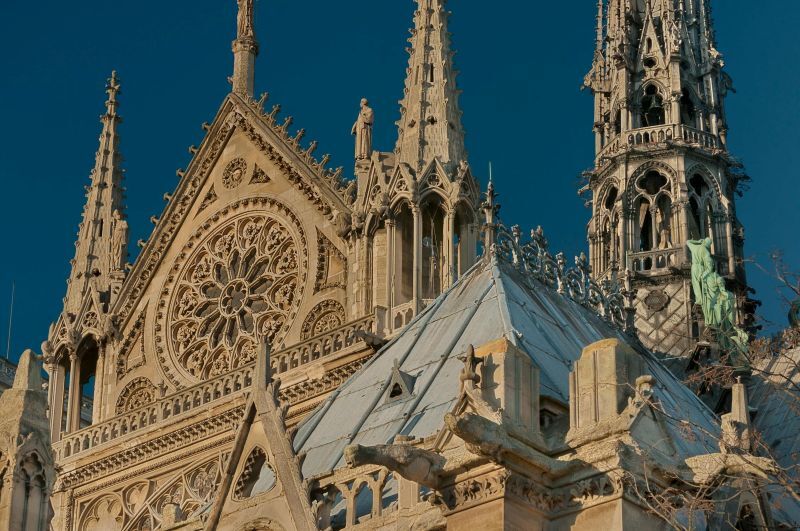 The Gothic architectural elements and stone sculptures of Notre Dame Cathedral