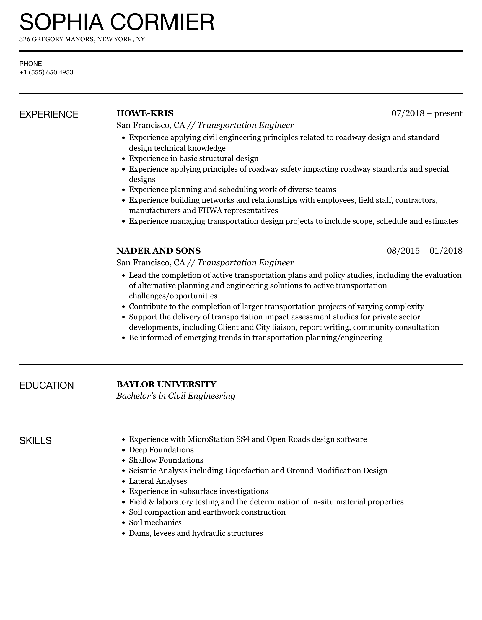 Transportation Engineer Sample Resume