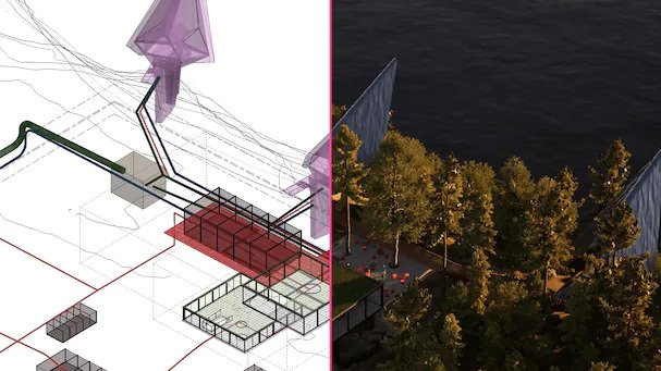 a side-by-side comparison of a BIM model and its 3D architecture render in Twinmotion