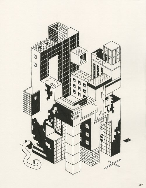 a conceptualised isometric diagram for Unfinished Construction Sites series by Andrew Degraff