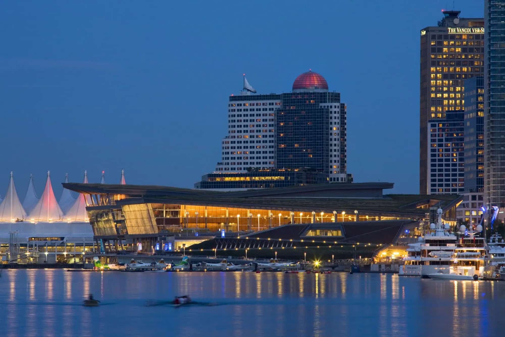 The exterior of Vancouver Convention Centre at dusk