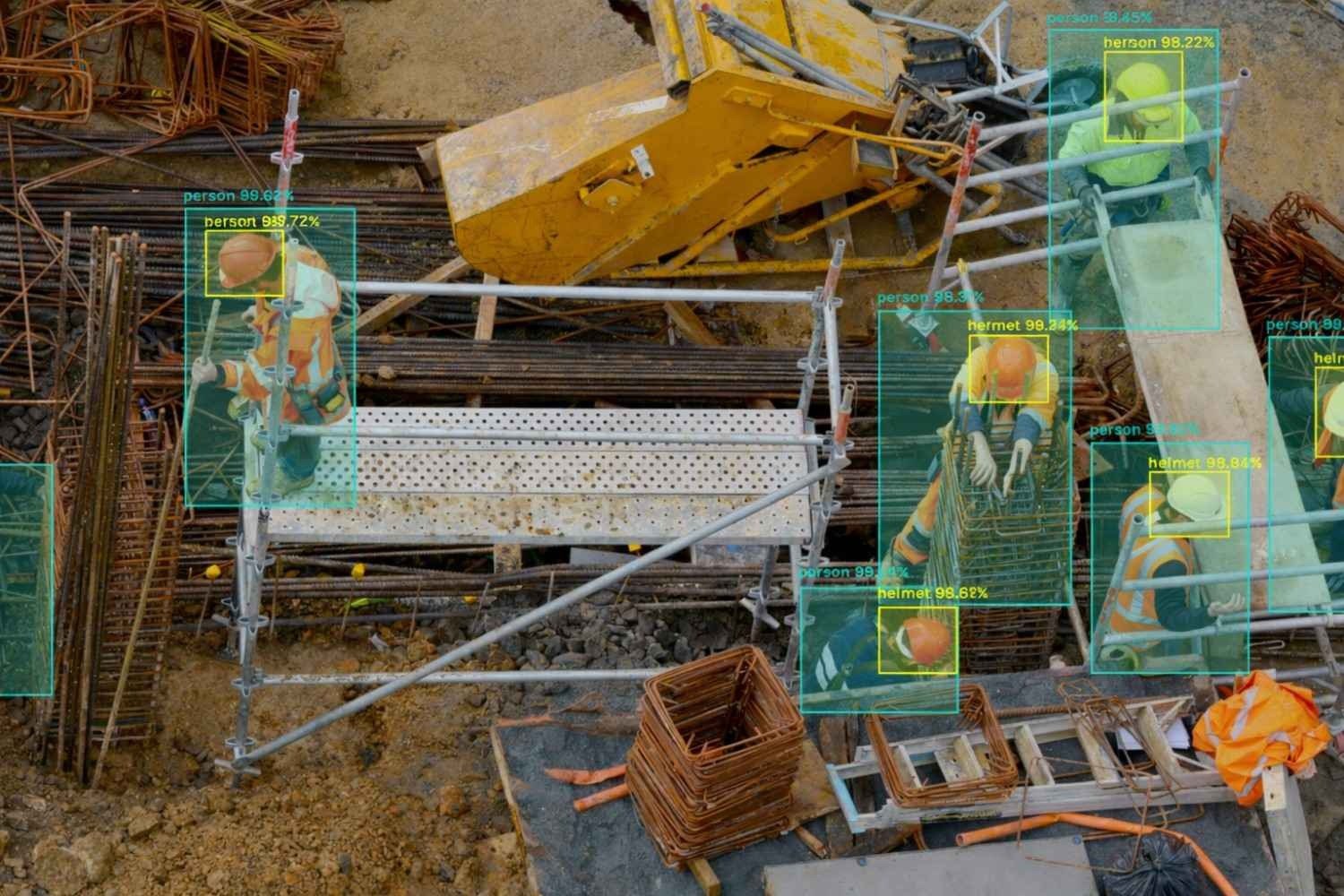Vision AI detecting workers and helmet compliance onsite.