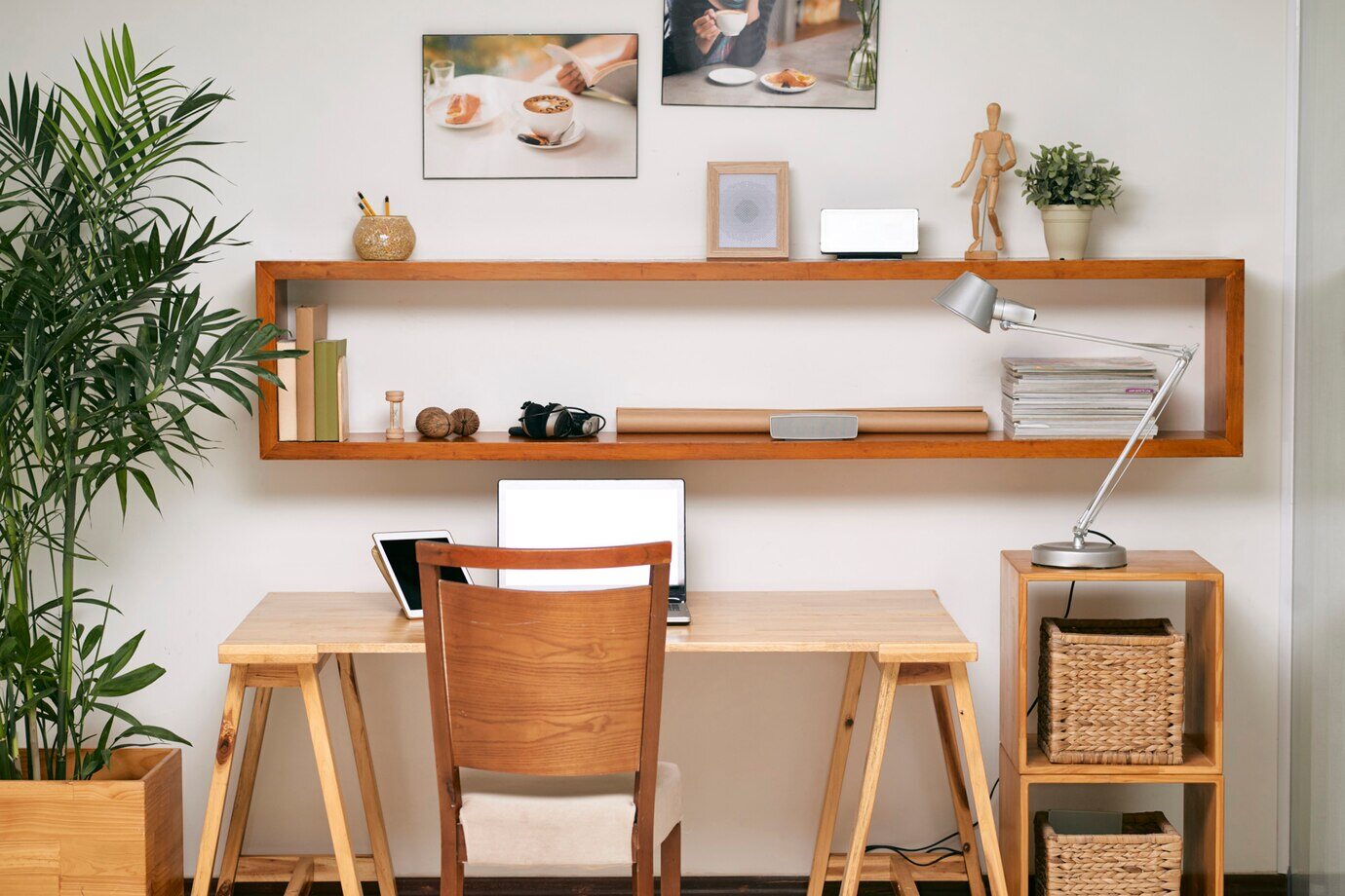 Wooden study table and chair aesthetic interior