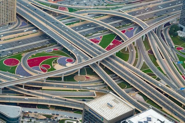a high-angle view of a complex multi-level highway interchange.