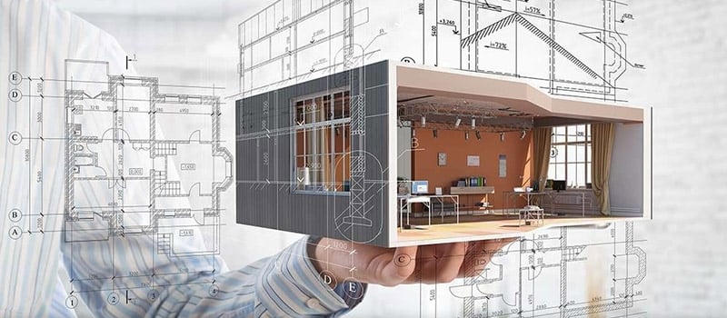 An image of a man holding a 3D model surrounded by its 2D elevation and sectional drawings