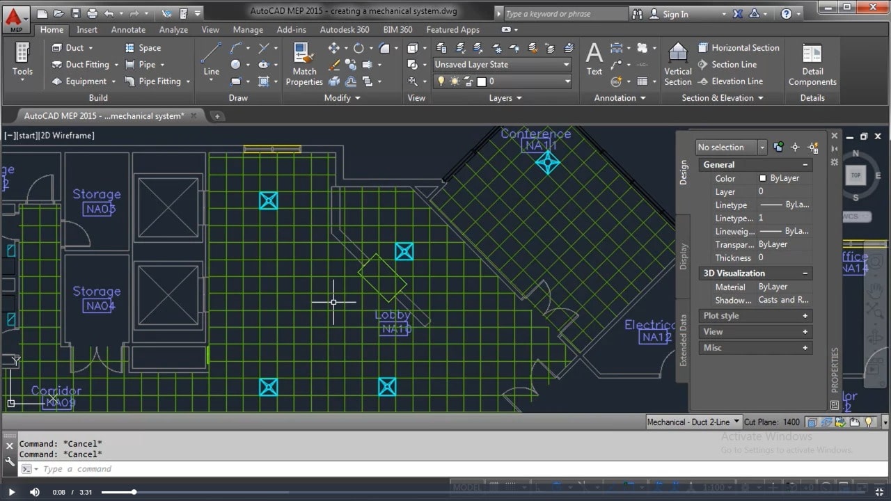 AutoCAD MEP 2016 workspace snippet showing the creation of mechanical systems