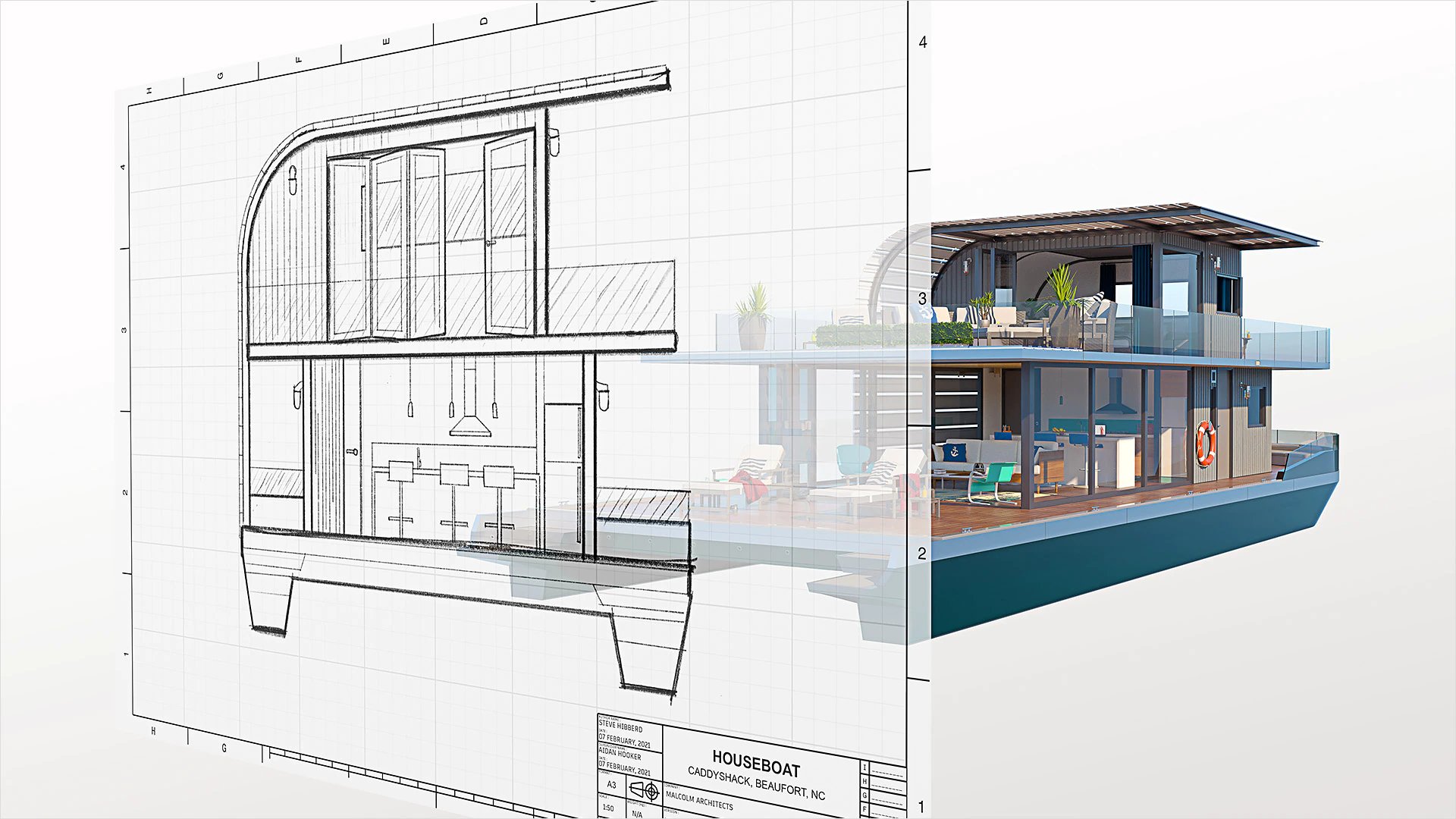 an front elevation of a houseboat with its 3D model in the background