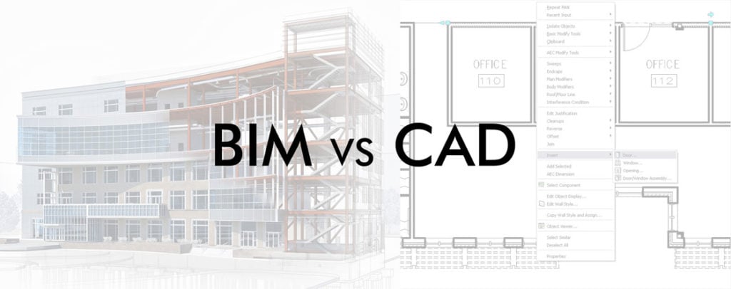 The text BIM vs CAD overlaid on an image of a 3D model and a 2D drawing