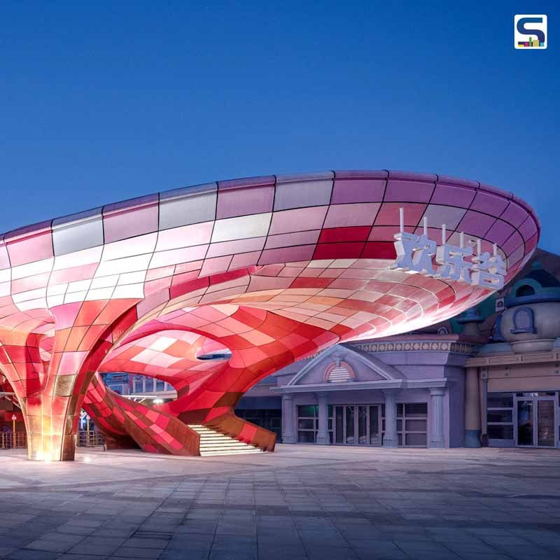 The hyperbolic, multi-coloured East Gate in front of Nanjing Happy Valley