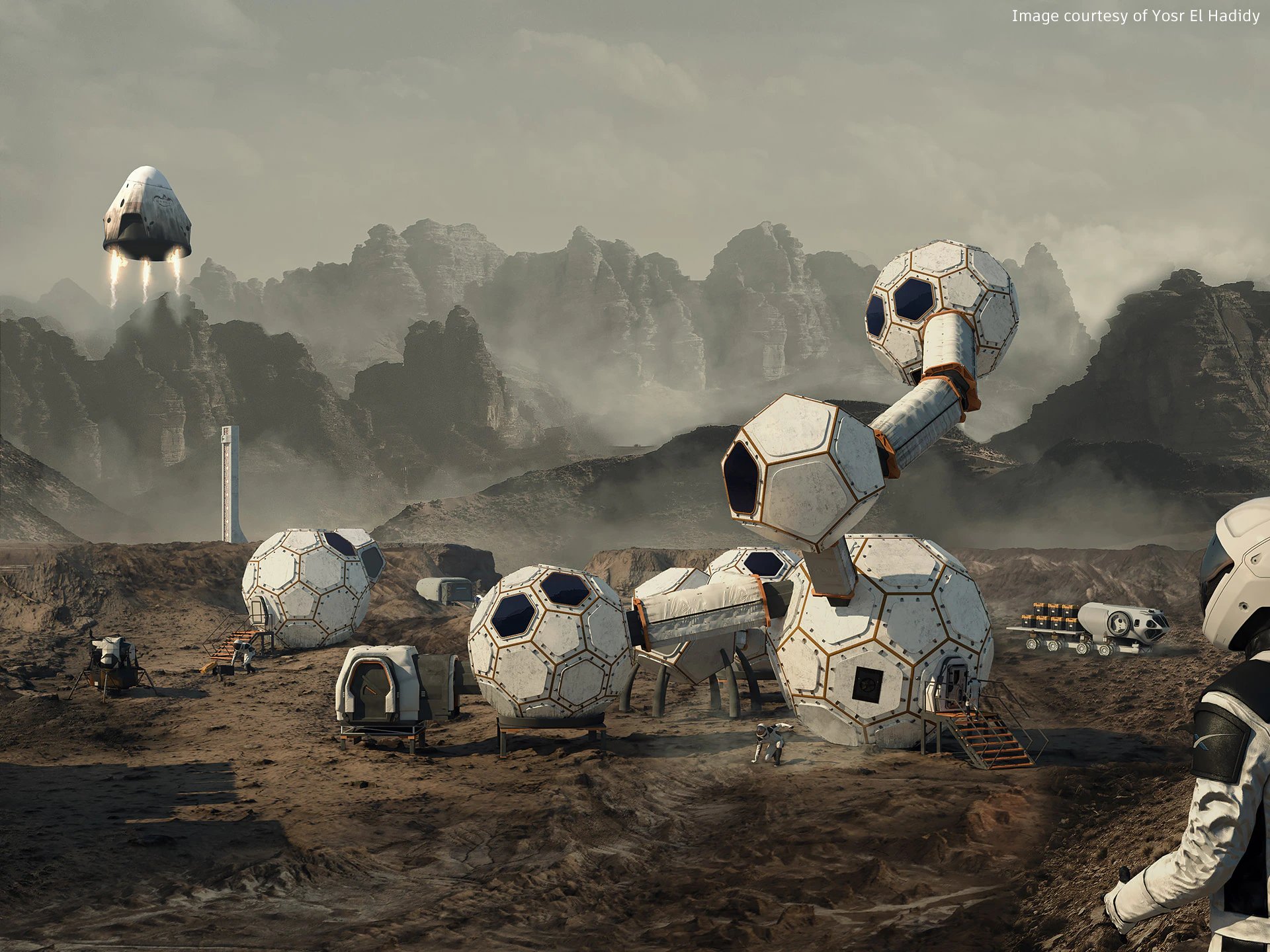 3ds Max architectural visualisation of a space centre built on the rugged terrain of a planet