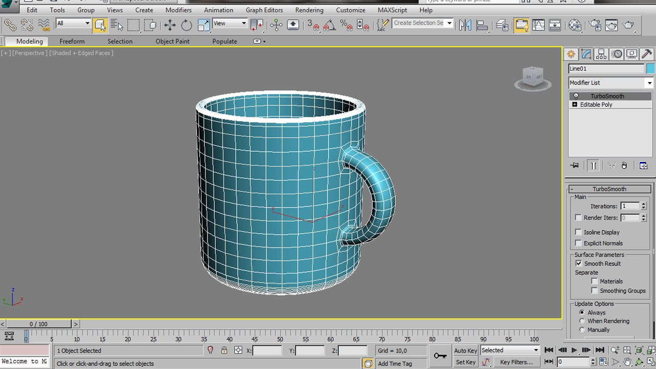  A 3D cup modelled in the workspace of 3Ds Max