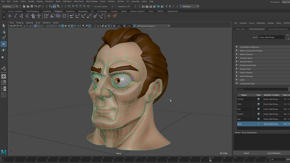 Maya’s interface showing a human face modelled