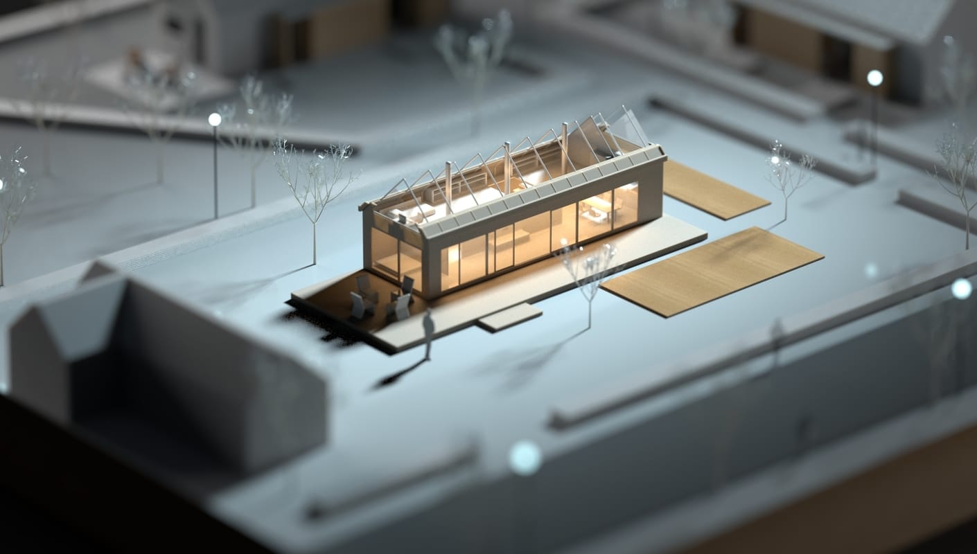 An architectural render image created in Vray showing a massing physical model and the site