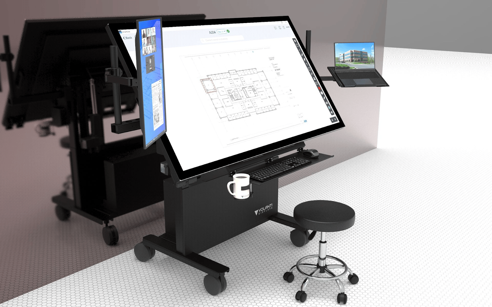 Digital workstation showing building layout design model.